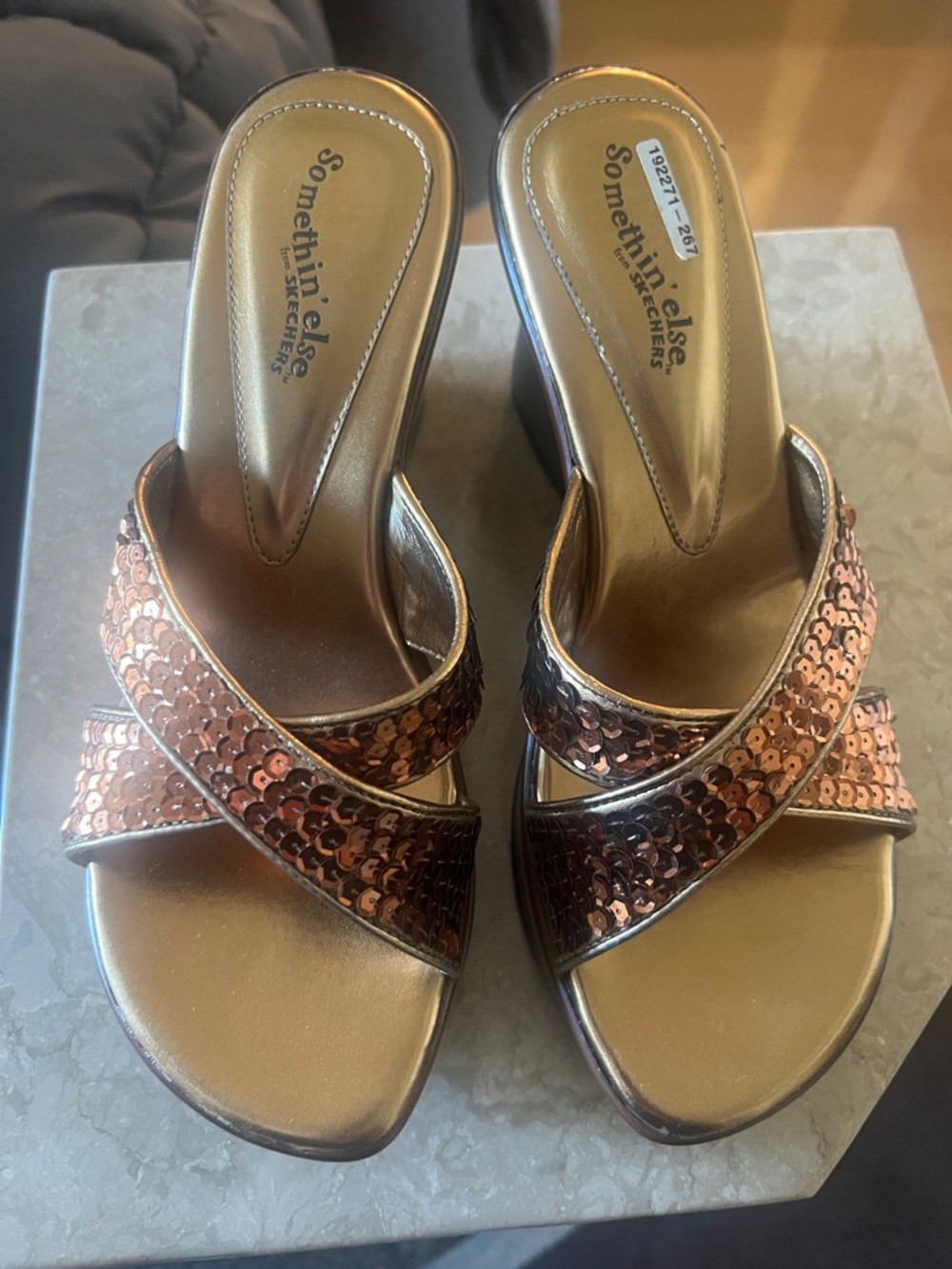 Bronze/ Gold Skechers Sequin Slide Sandals